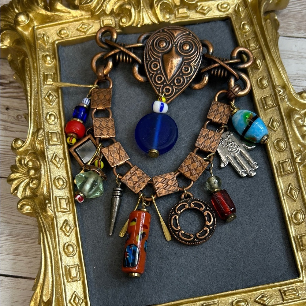 Eclectic Large Bronze and Multicolor Charm Brooch